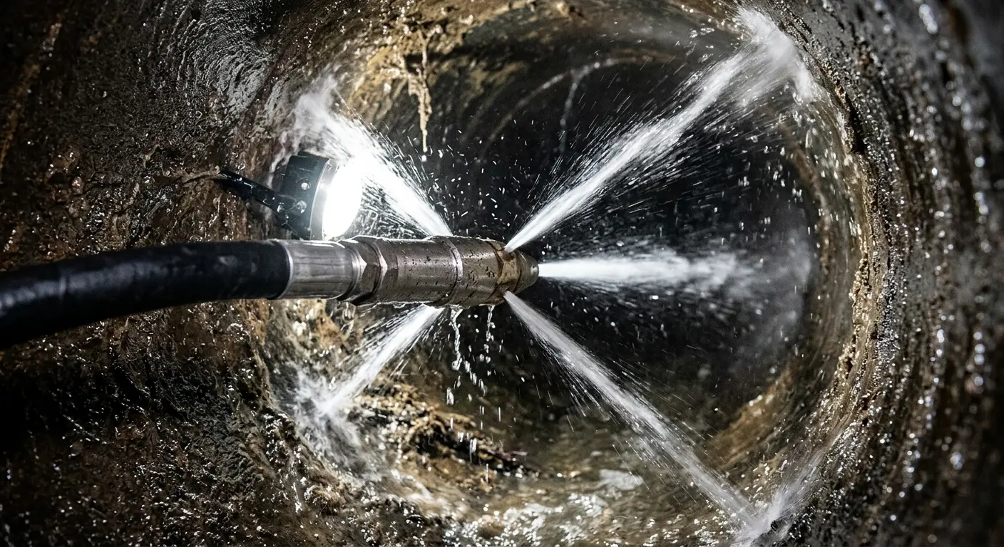 High-pressure hydro jetting nozzle cleaning sewer pipe for Sewer Cleanout in Cornwall