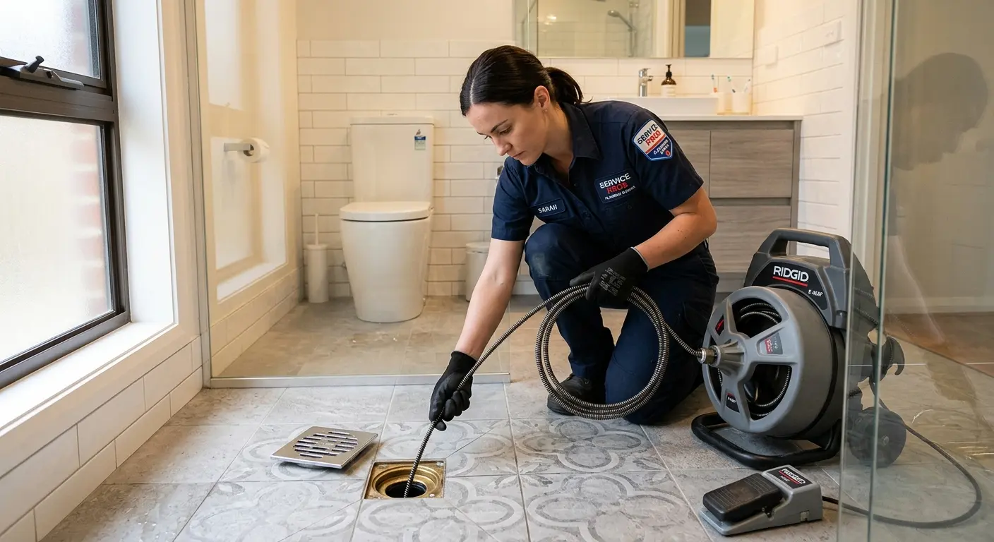 Technician clearing a bathroom floor drain for Sewer Line Replacement in Cornwall